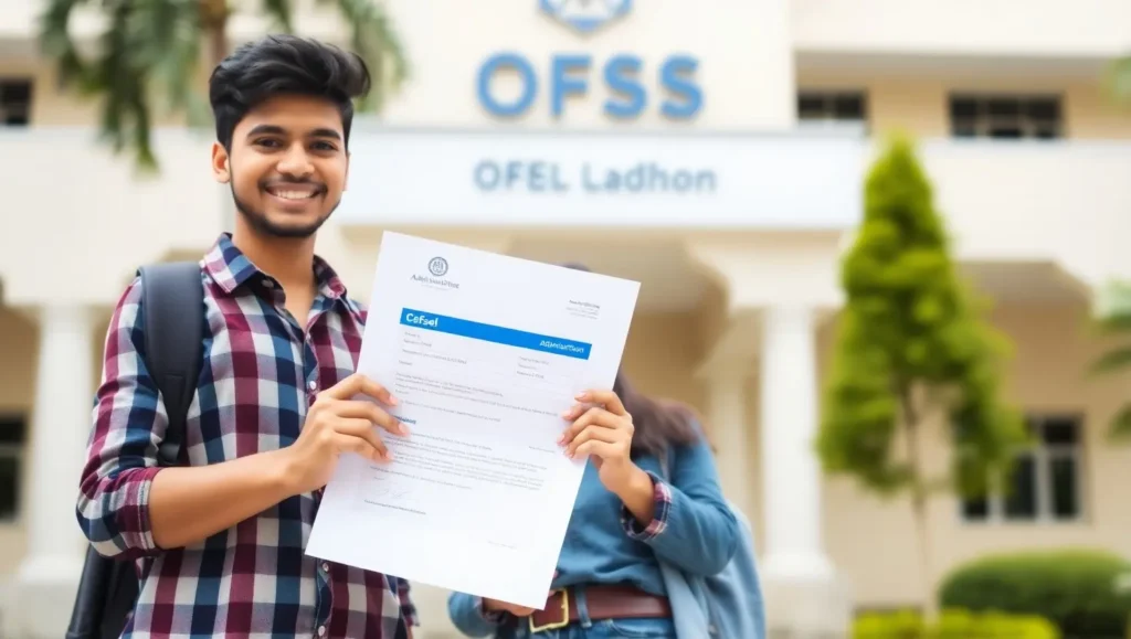 Indian student holding OFSS admission letter with school background and white backdrop.
